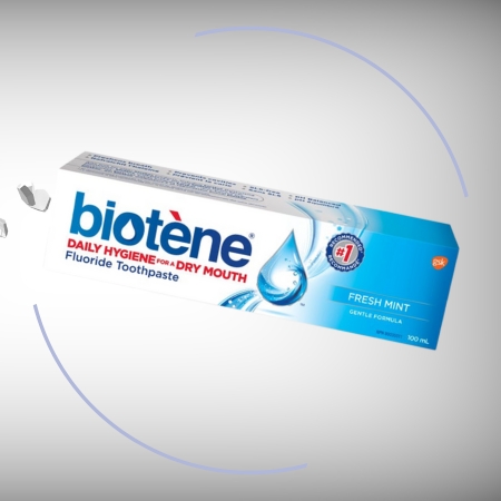 A box of Biotène Fluoride Toothpaste, designed for daily hygiene and dry mouth relief