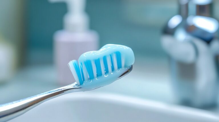 A toothbrush with blue toothpaste on its bristles, placed in a bathroom setting