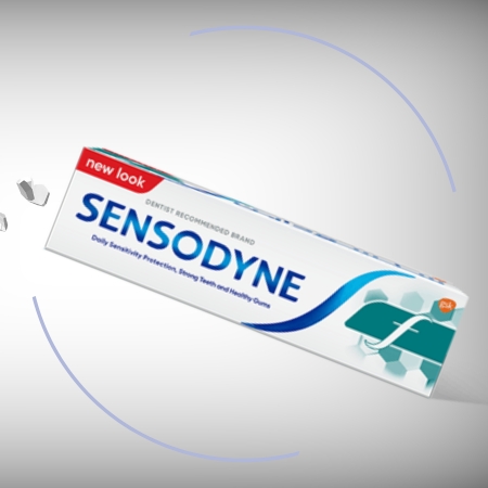 A box of Sensodyne toothpaste, designed for sensitivity relief and gum health