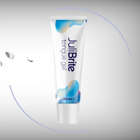 A tube of JuliBrite Tongue Gel, designed for deep tongue cleaning and fresher breath