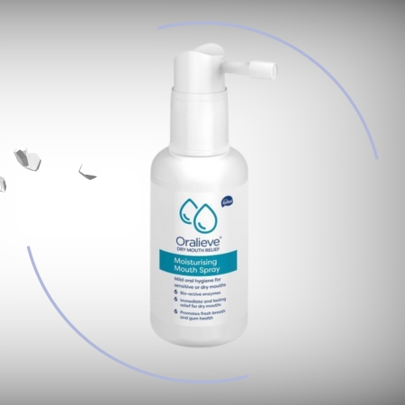 A bottle of Oralieve Moisturising Mouth Spray with a spray nozzle, designed for dry mouth relief