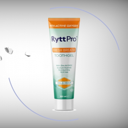 A tube of RyttPro Fresh Breath Toothgel with mild mint flavor, designed for oral freshness and health