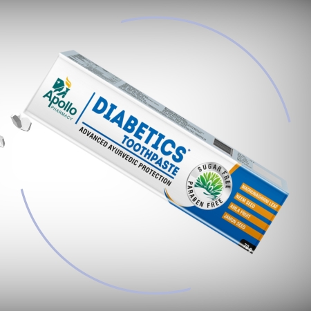 A box of Apollo Diabetics Toothpaste, a sugar-free and paraben-free formula designed for oral health care