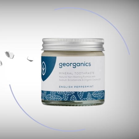 A jar of Georganics Mineral Toothpaste, an organic, non-foaming formula with English peppermint